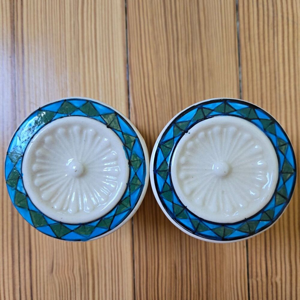 Vintage Style Ceramic Wall Hooks, Geometric Pattern Blue & Green, Set of 2, Boho